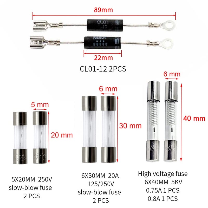 KOKISO طقم إصلاح ميكروويف المنزل - مكثف HV 2100V 1.0uF، دايود CL01-12، فيوز بطيء 5x20mm، 6x30mm 20A، 6x40mm 0.75A 0.8A 5KV - Image 3